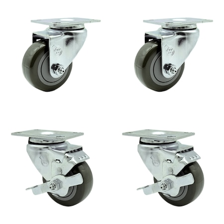 Service Caster 3.5 Inch Gray Polyurethane Wheel Swivel Top Plate Caster Set with 2 Brakes SCC SCC-20S3514-PPUB-2-TLB-2